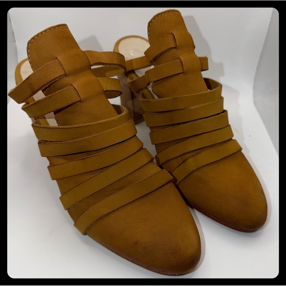 Free People Byron Brown Suede Strappy Mules Women 37 Tan Leather Block Heel Boho